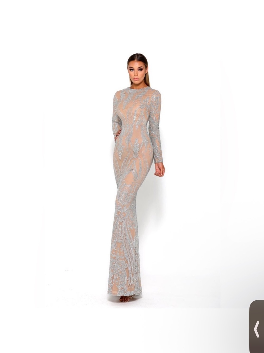 Portia and Scarlett Silver Sequin Long Sleeve Mermaid Gown - Nude